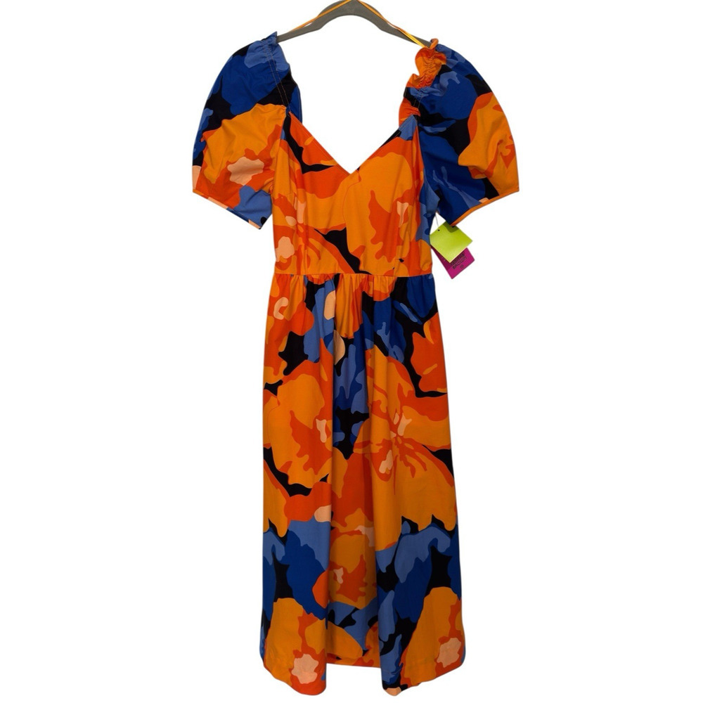 NWT Tabitha Brown Target Midi Dress Sz 6 Floral Puff Sleeve Tie-Back Orange Blue